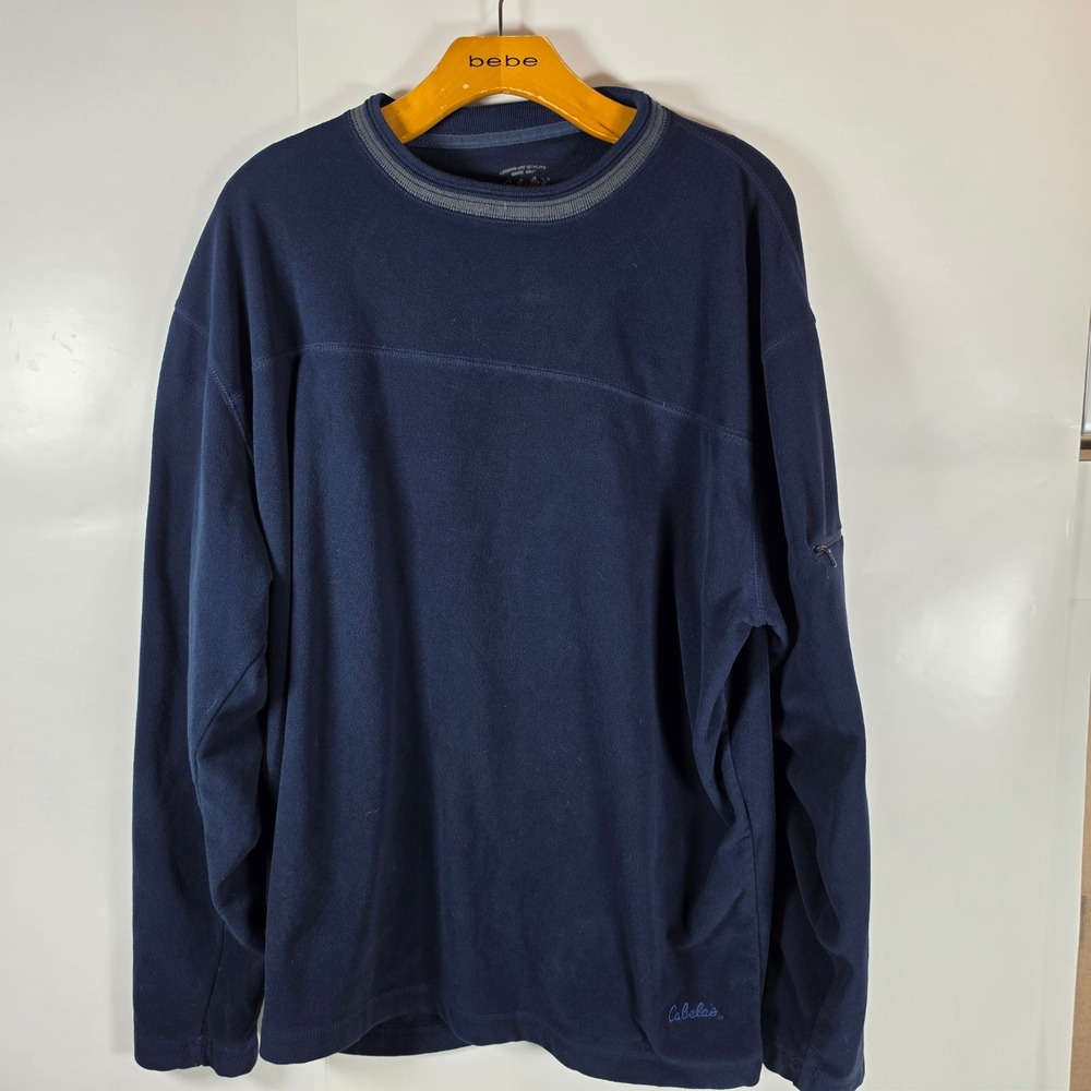 Cabelas Mens Fleece Crewneck Sweatshirt Blue Panelled Pullover Logo XL Regular